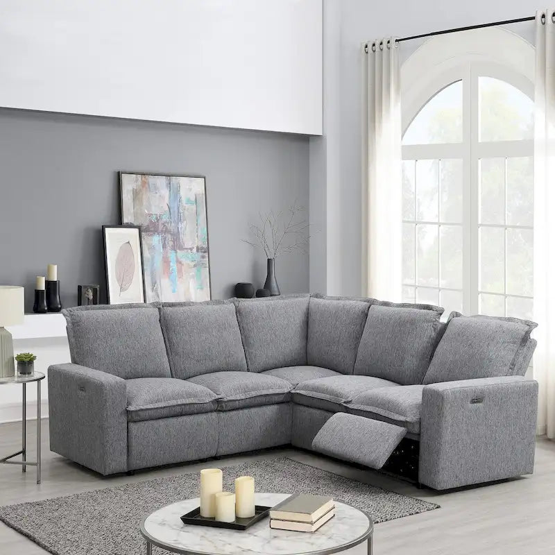 Canapé sectionnel en lin en forme de L avec 2 fauteuils inclinables électriques et port USB pour salon