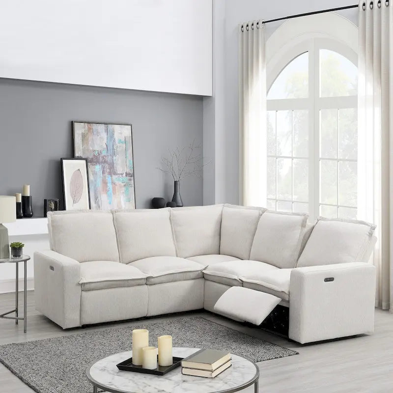 Canapé sectionnel en lin en forme de L avec 2 fauteuils inclinables électriques et port USB pour salon