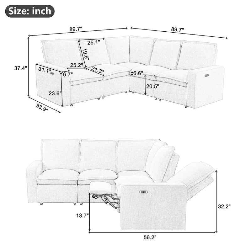 Canapé sectionnel en lin en forme de L avec 2 fauteuils inclinables électriques et port USB pour salon