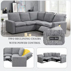 Canapé sectionnel en lin en forme de L avec 2 fauteuils inclinables électriques et port USB pour salon