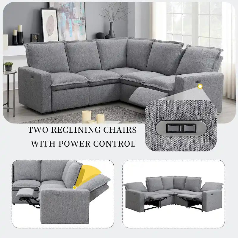 Canapé sectionnel en lin en forme de L avec 2 fauteuils inclinables électriques et port USB pour salon