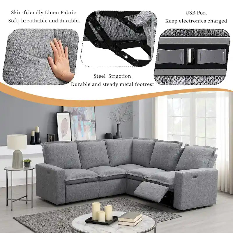 Canapé sectionnel en lin en forme de L avec 2 fauteuils inclinables électriques et port USB pour salon