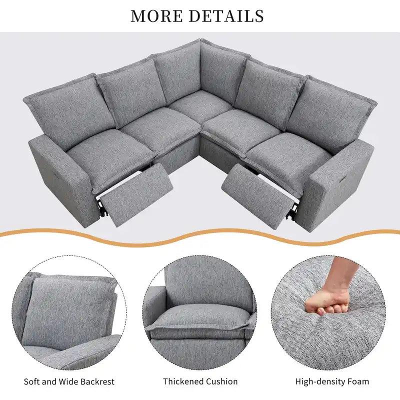 Canapé sectionnel en lin en forme de L avec 2 fauteuils inclinables électriques et port USB pour salon