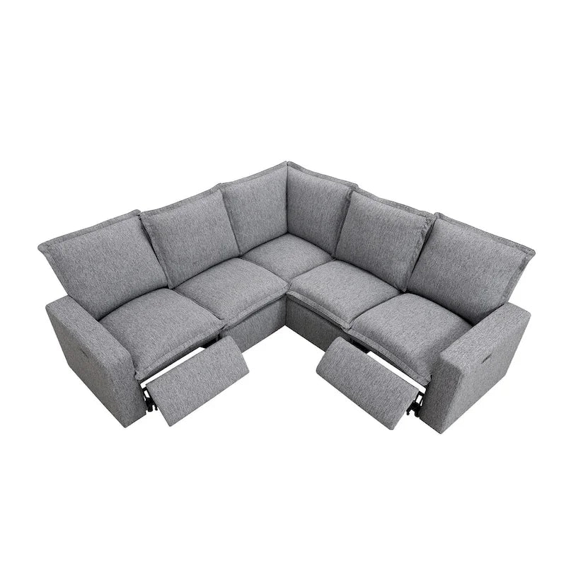 Canapé sectionnel en lin en forme de L avec 2 fauteuils inclinables électriques et port USB pour salon