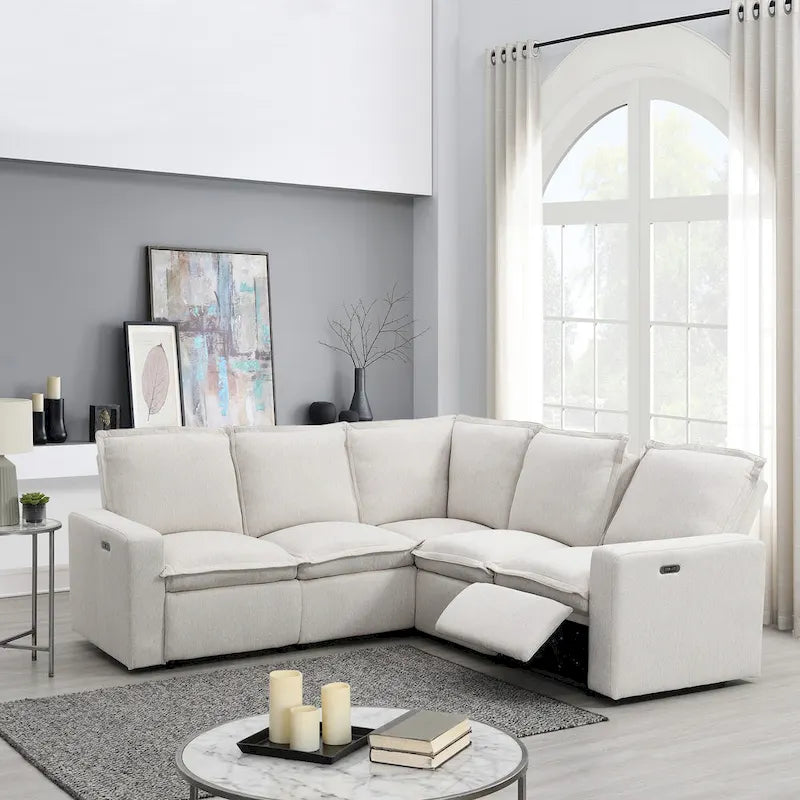 Canapé sectionnel en lin en forme de L avec 2 fauteuils inclinables électriques et port USB pour salon