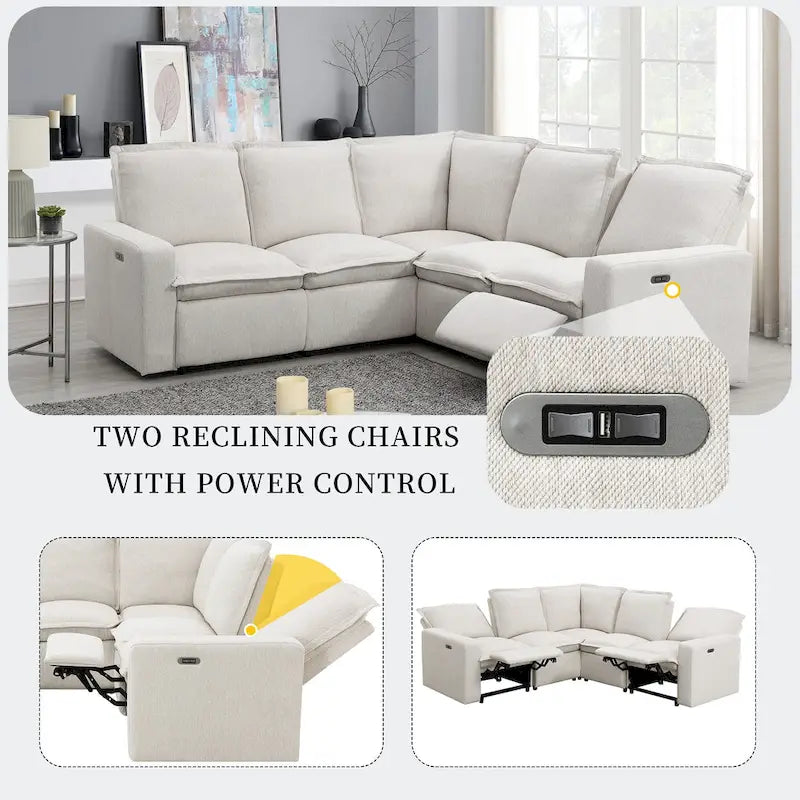 Canapé sectionnel en lin en forme de L avec 2 fauteuils inclinables électriques et port USB pour salon