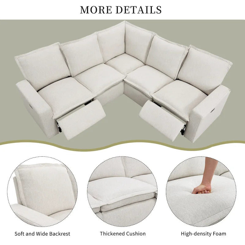 Canapé sectionnel en lin en forme de L avec 2 fauteuils inclinables électriques et port USB pour salon