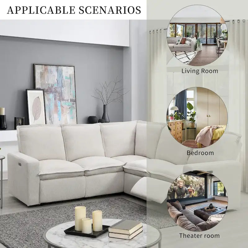 Canapé sectionnel en lin en forme de L avec 2 fauteuils inclinables électriques et port USB pour salon