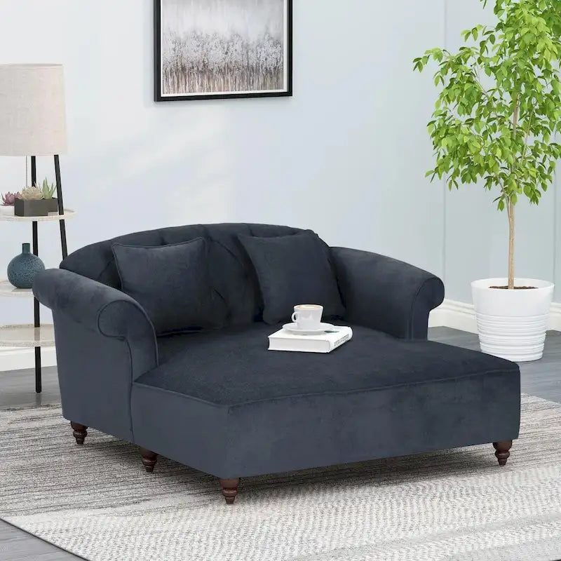 Causeuse capitonnée anthracite 66 avec chaise longue et pieds en bouleau