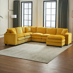 Canapé d'angle de luxe en velours côtelé jaune 118,1 po en forme de U avec 6 places, pouf et 3 coussins décoratifs