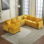 Canapé d'angle de luxe en velours côtelé jaune 118,1 po en forme de U avec 6 places, pouf et 3 coussins décoratifs