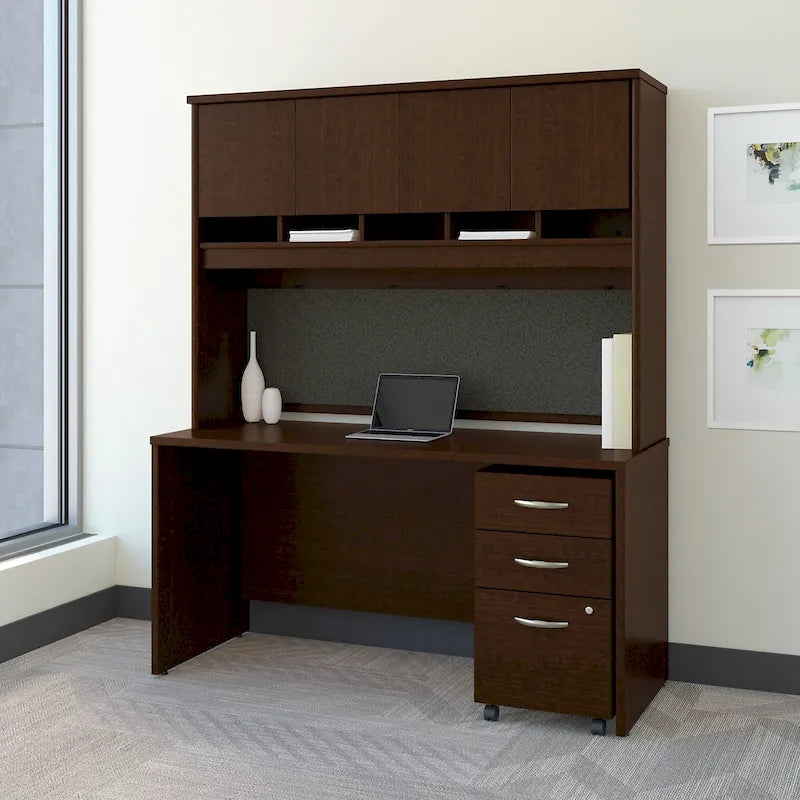 Bureau de 60 W avec huche et tiroirs – Poste de travail et de rangement pour bureau à domicile