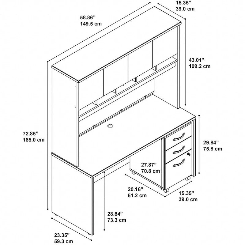 Bureau de 60 W avec huche et tiroirs – Poste de travail et de rangement pour bureau à domicile