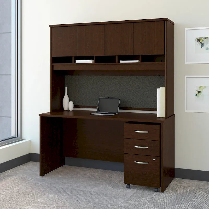 Bureau de 60 W avec huche et tiroirs – Poste de travail et de rangement pour bureau à domicile