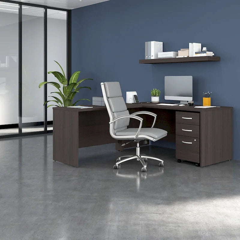 Bureau d'angle en L 66W avec tiroirs – Poste de travail à domicile avec rangement