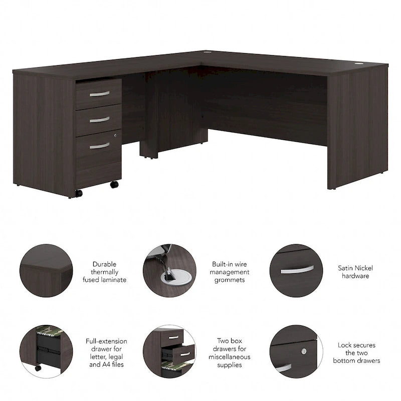 Bureau d'angle en L 66W avec tiroirs – Poste de travail à domicile avec rangement
