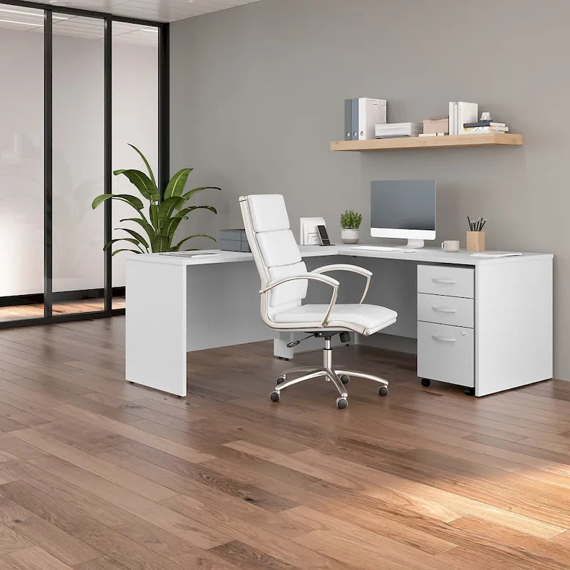 Bureau d'angle en L 66W avec tiroirs – Poste de travail à domicile avec rangement