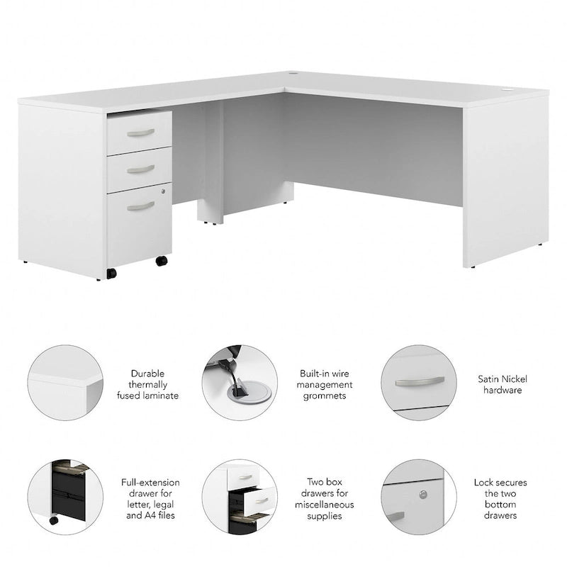 Bureau d'angle en L 66W avec tiroirs – Poste de travail à domicile avec rangement
