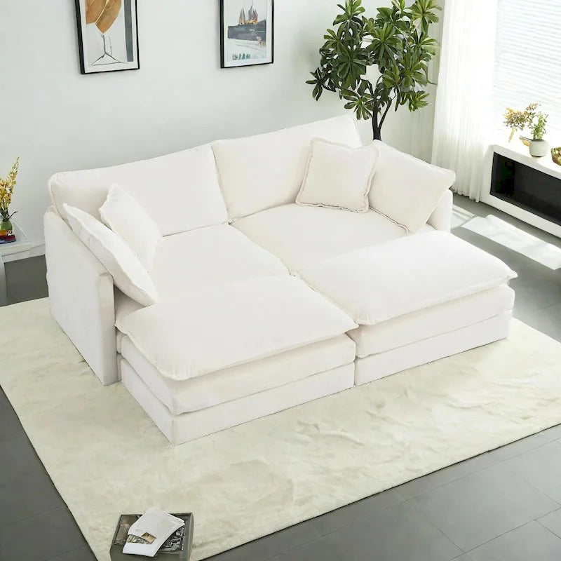 Canapé-lit sectionnel modulaire 4 pièces en chenille avec pouf