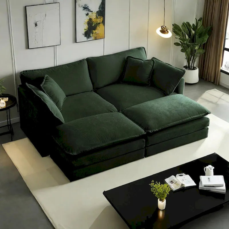 Canapé-lit sectionnel modulaire 4 pièces en chenille avec pouf