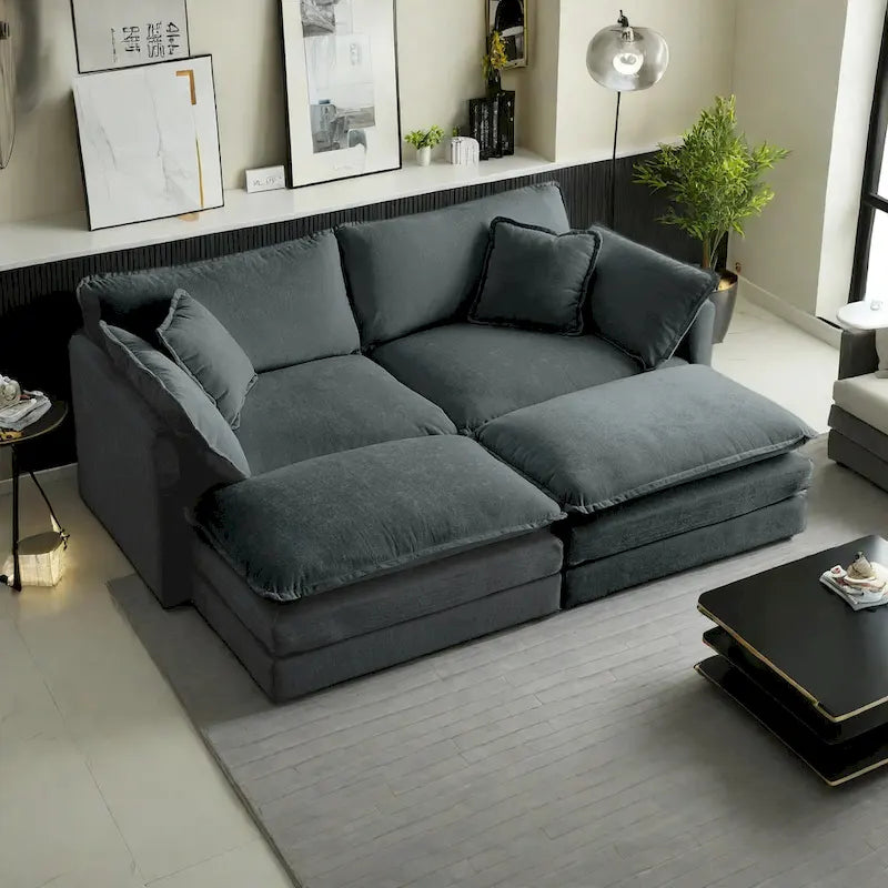 Canapé-lit sectionnel modulaire 4 pièces en chenille avec pouf