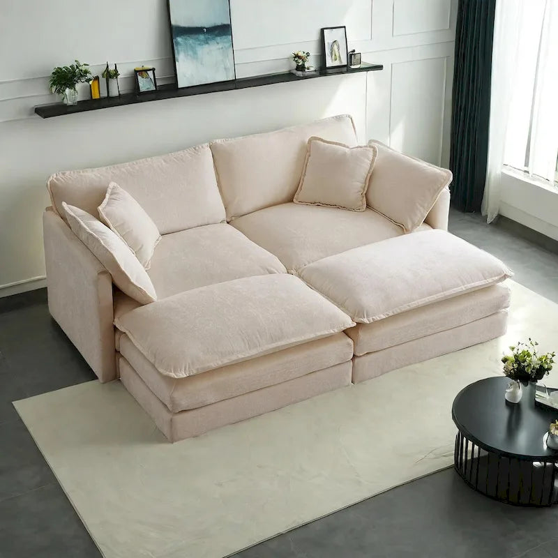 Canapé-lit sectionnel modulaire 4 pièces en chenille avec pouf