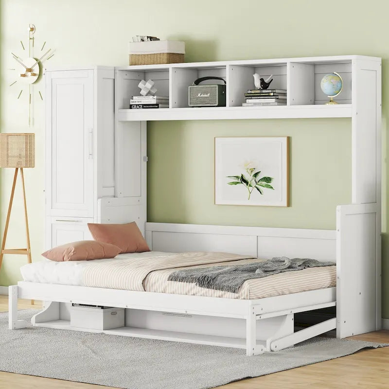 Lit escamotable intelligent double/queen avec armoire et rangement, système peu encombrant