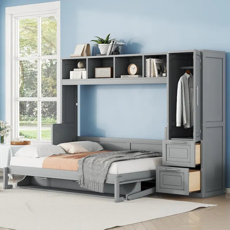 Lit escamotable intelligent double/queen avec armoire et rangement, système peu encombrant