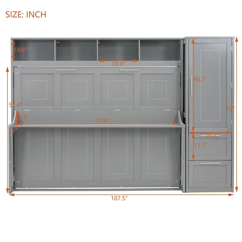 Lit escamotable intelligent double/queen avec armoire et rangement, système peu encombrant