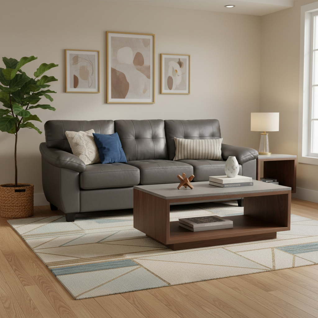 Canapé touffeté en simili cuir marron avec accoudoirs évasés