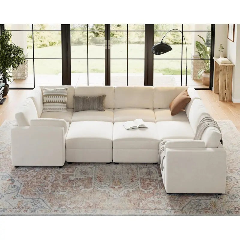 Canapé d'angle modulable en U, grand canapé 9 places avec 2 poufs de rangement, 2 oreillers, canapé confortable et profond moderne
