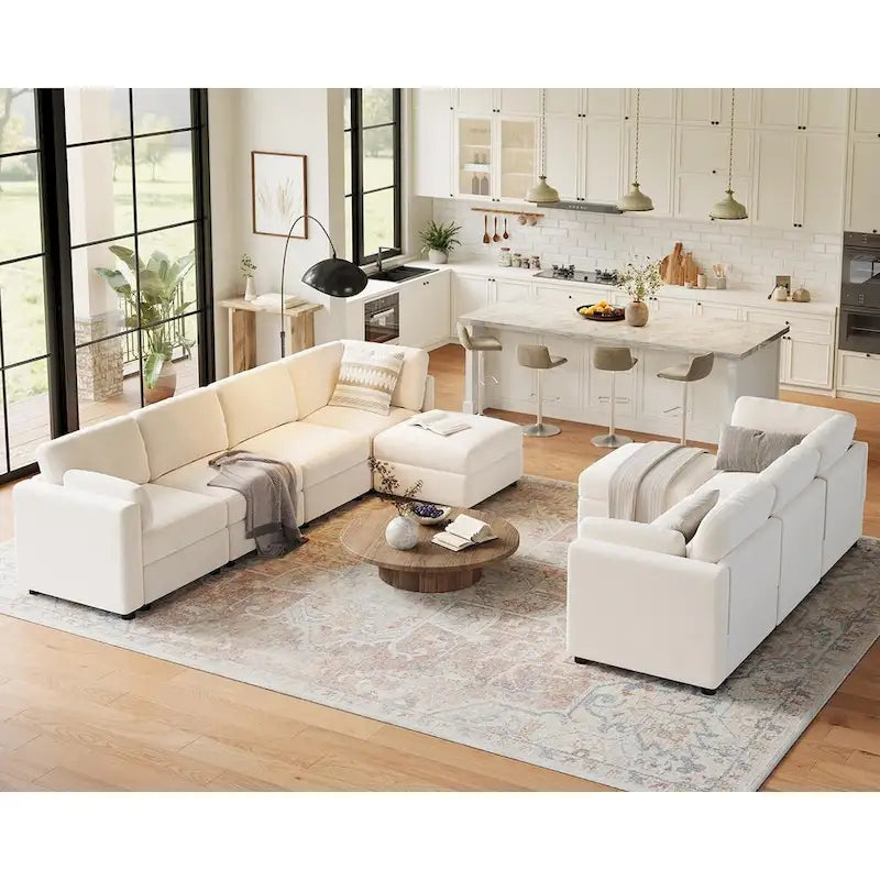 Canapé d'angle modulable en U, grand canapé 9 places avec 2 poufs de rangement, 2 oreillers, canapé confortable et profond moderne