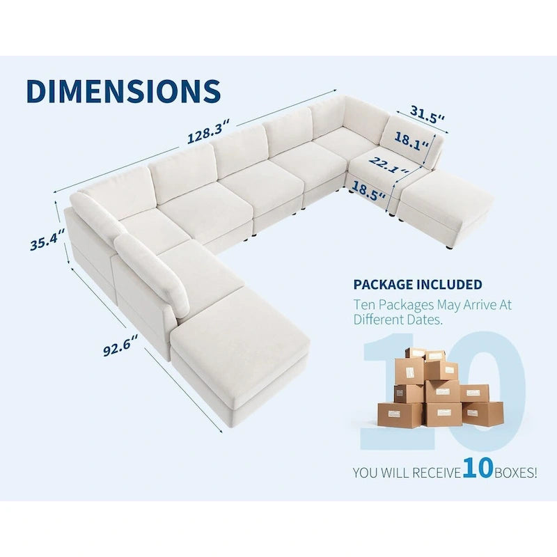 Canapé d'angle modulable en U, grand canapé 9 places avec 2 poufs de rangement, 2 oreillers, canapé confortable et profond moderne