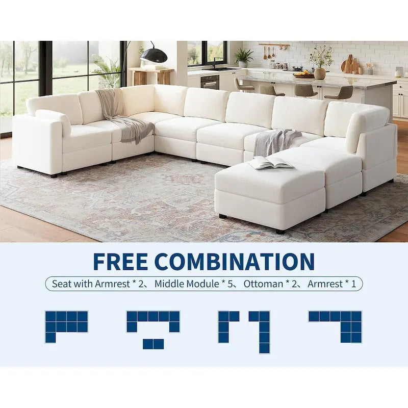 Canapé d'angle modulable en U, grand canapé 9 places avec 2 poufs de rangement, 2 oreillers, canapé confortable et profond moderne