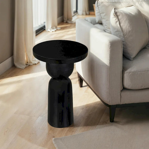 Table d'appoint ronde noire en bois de manguier avec base piédestal
