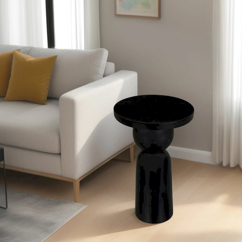 Table d'appoint ronde noire en bois de manguier avec base piédestal