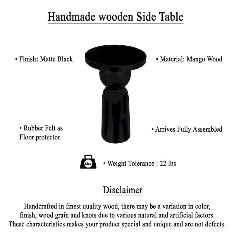 Table d'appoint ronde noire en bois de manguier avec base piédestal