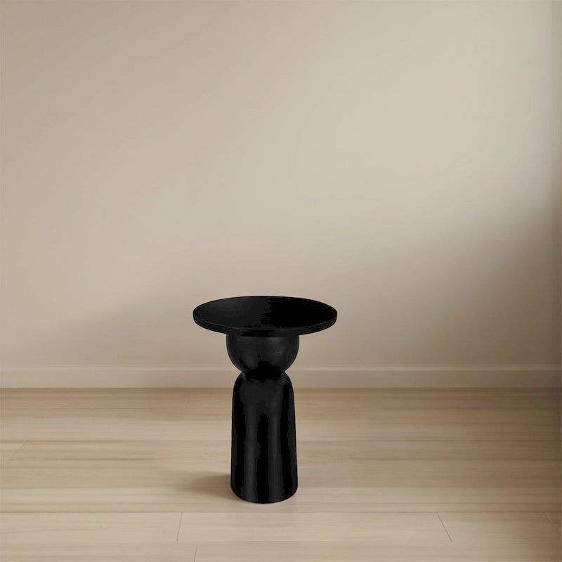 Table d'appoint ronde noire en bois de manguier avec base piédestal