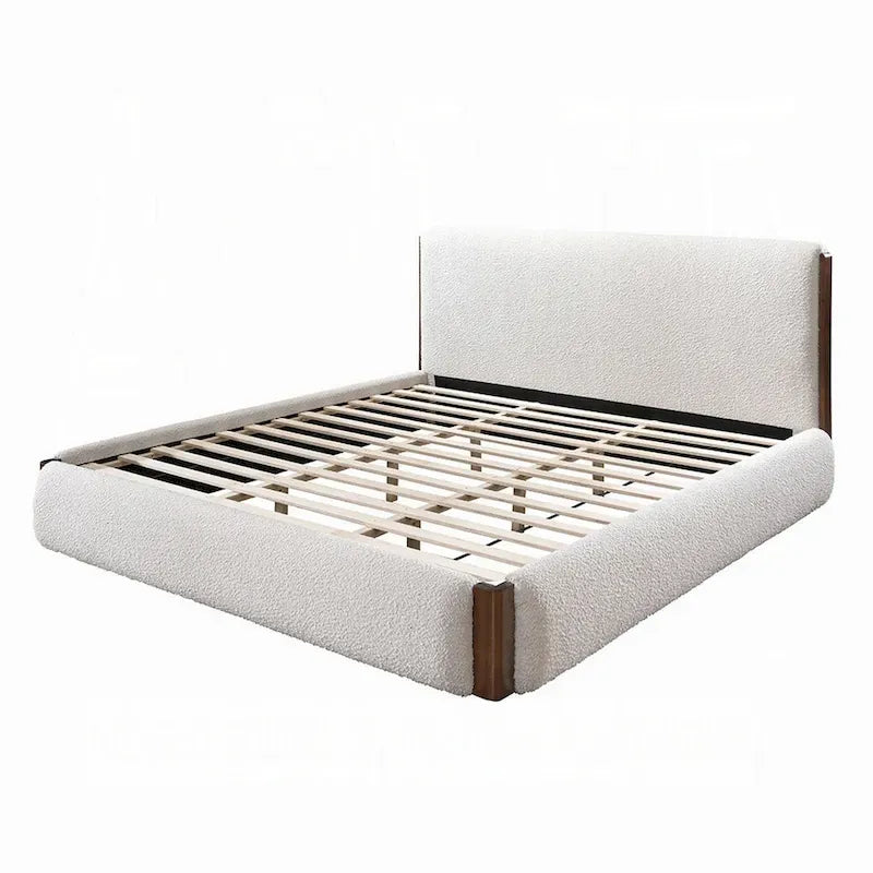 Fedro Queen Bed, Low Profile, White Boucle Upholstery, Walnut Brown