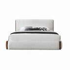Lit queen-size Fedro, profil bas, revêtement bouclé blanc, noyer brun