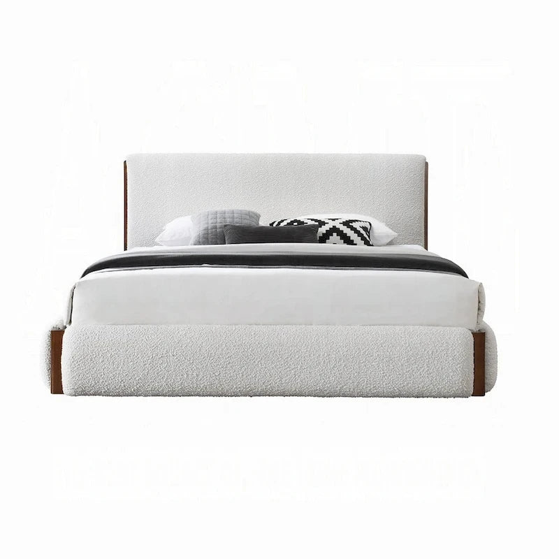 Lit queen-size Fedro, profil bas, revêtement bouclé blanc, noyer brun