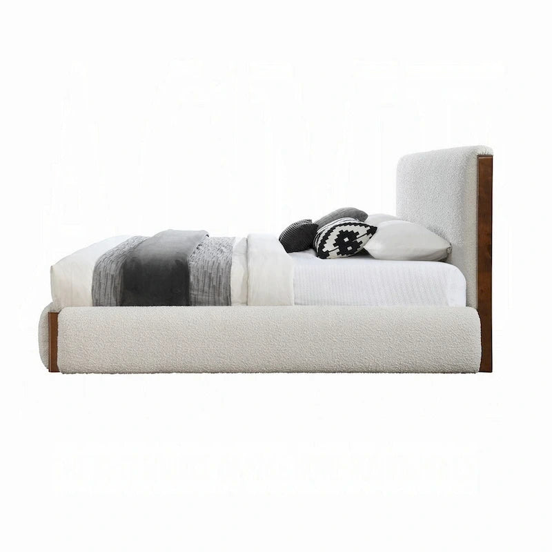 Lit queen-size Fedro, profil bas, revêtement bouclé blanc, noyer brun