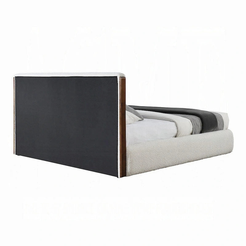 Lit queen-size Fedro, profil bas, revêtement bouclé blanc, noyer brun