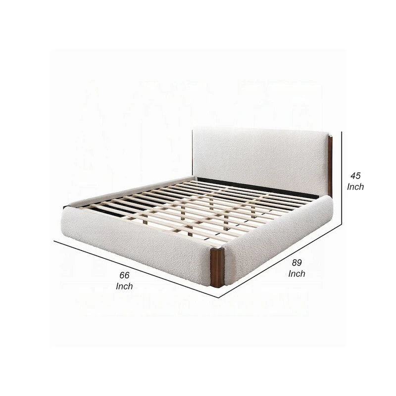 Lit queen-size Fedro, profil bas, revêtement bouclé blanc, noyer brun