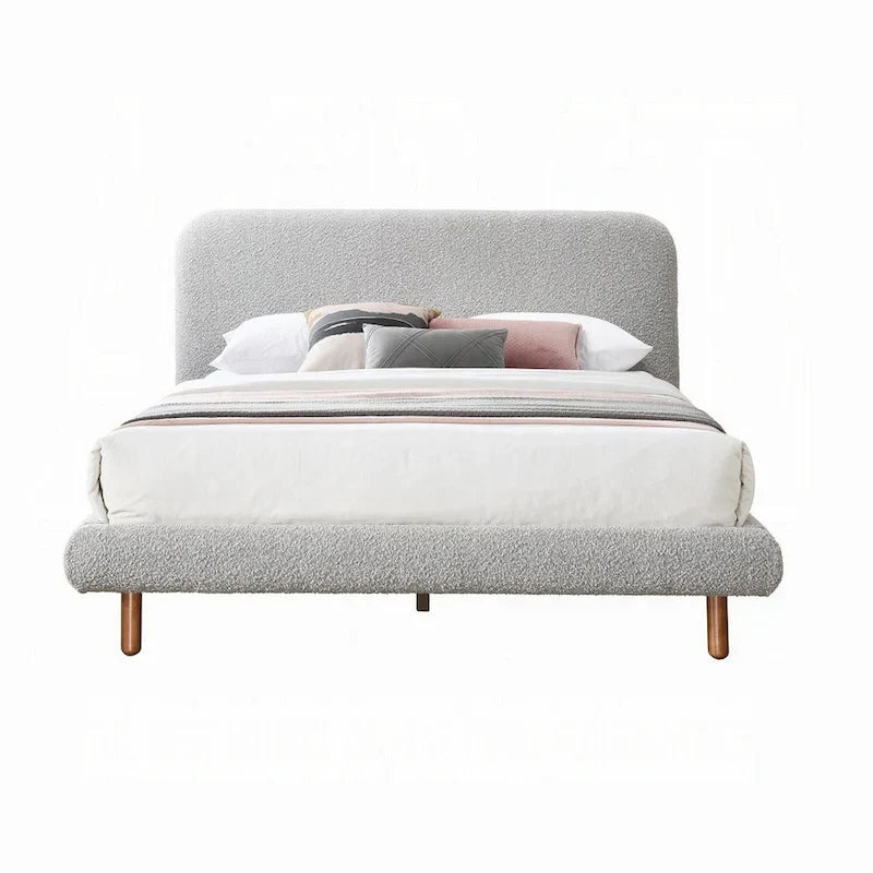 Lit King Size Damazy, Bords Arrondis, Revêtement en Boucle Grise, Bois Marron