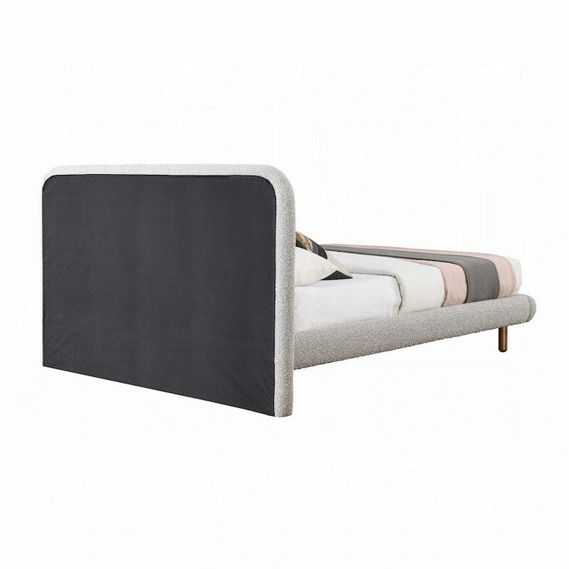 Lit King Size Damazy, Bords Arrondis, Revêtement en Boucle Grise, Bois Marron