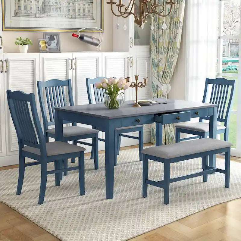Ensemble de salle à manger 6 personnes, ensemble de salle à manger 6 pièces en bois avec tiroir de rangement, 4 chaises de salle à manger rembourrées et un banc
