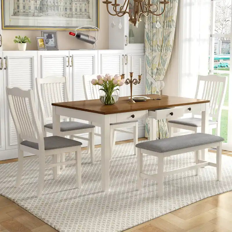 Ensemble de salle à manger 6 personnes, ensemble de salle à manger 6 pièces en bois avec tiroir de rangement, 4 chaises de salle à manger rembourrées et un banc