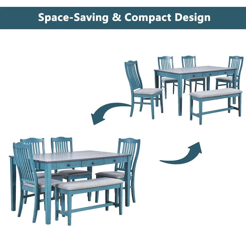 Ensemble de salle à manger 6 personnes, ensemble de salle à manger 6 pièces en bois avec tiroir de rangement, 4 chaises de salle à manger rembourrées et un banc