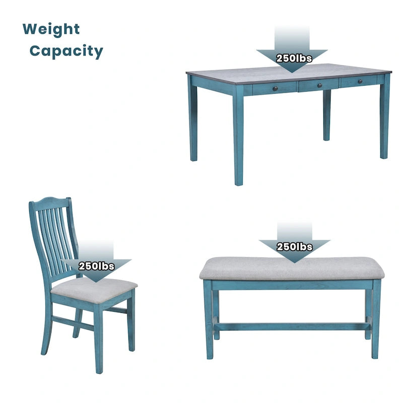 Ensemble de salle à manger 6 personnes, ensemble de salle à manger 6 pièces en bois avec tiroir de rangement, 4 chaises de salle à manger rembourrées et un banc